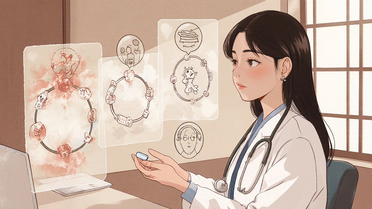 A doctor gives a pill to a patient while holograms show three improving menstrual cycles.