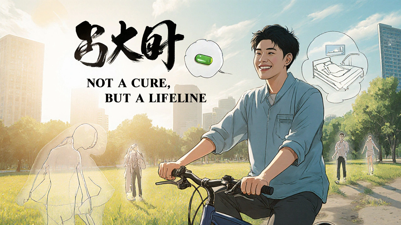 A man biking happily through a park, with fading memories of IBD struggles behind him and a glowing pill in his pocket.