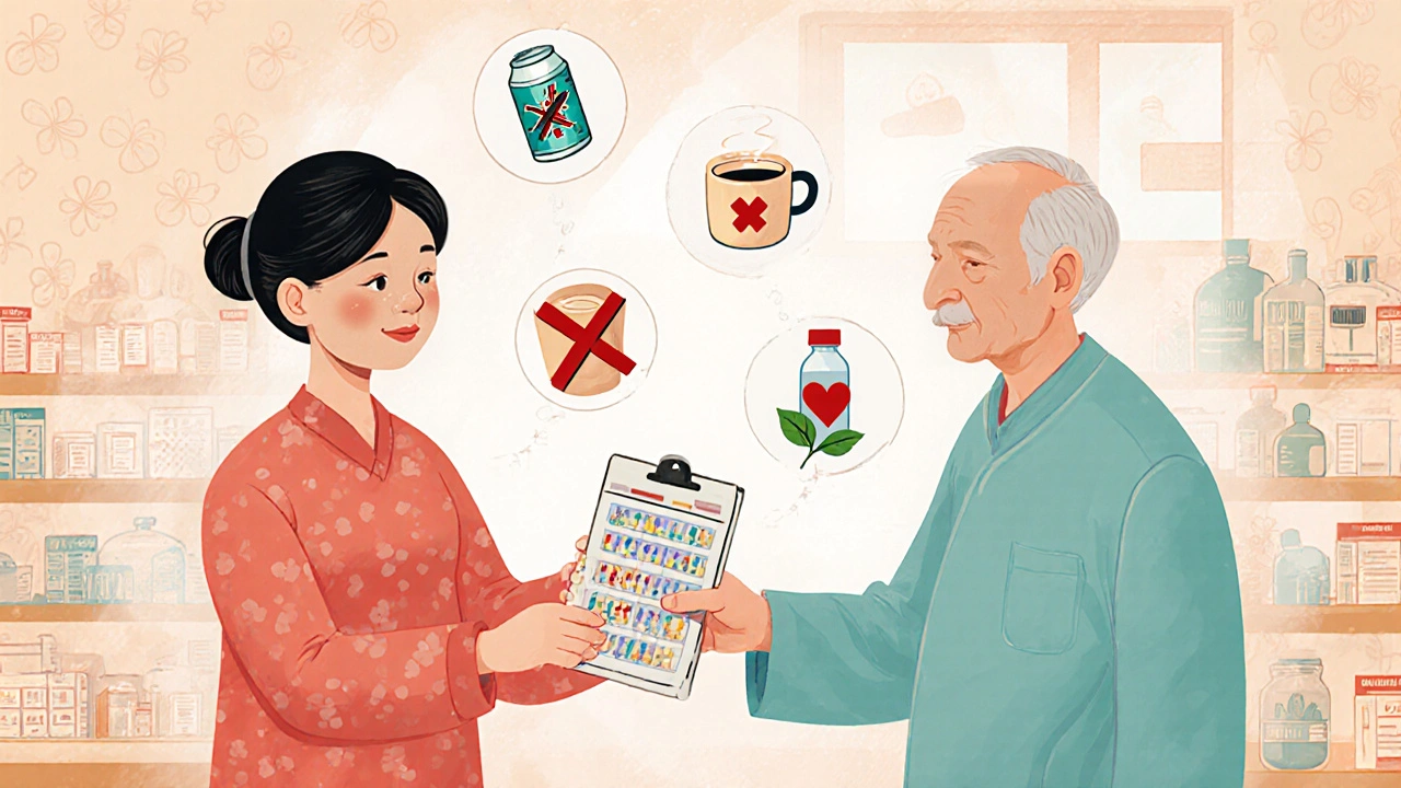 A pharmacist giving a pill organizer to a patient, with warning icons for caffeine, cold meds, and alcohol floating nearby.