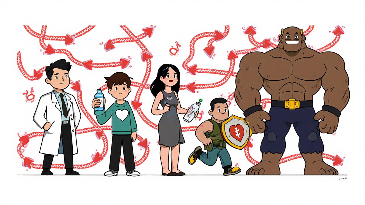 Cartoon characters personify five gout medicines showing their actions.