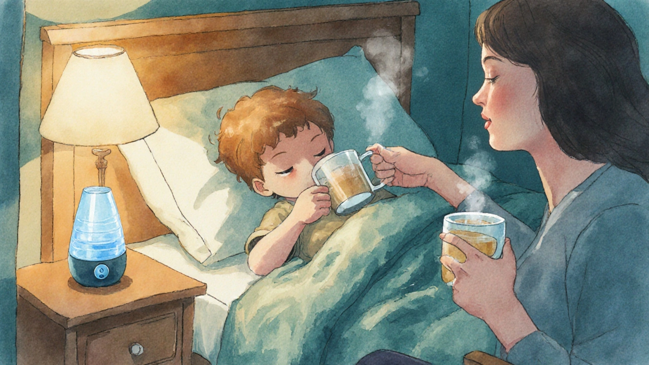 Child resting in bed with warm drink and humidifier, caregiver nearby.