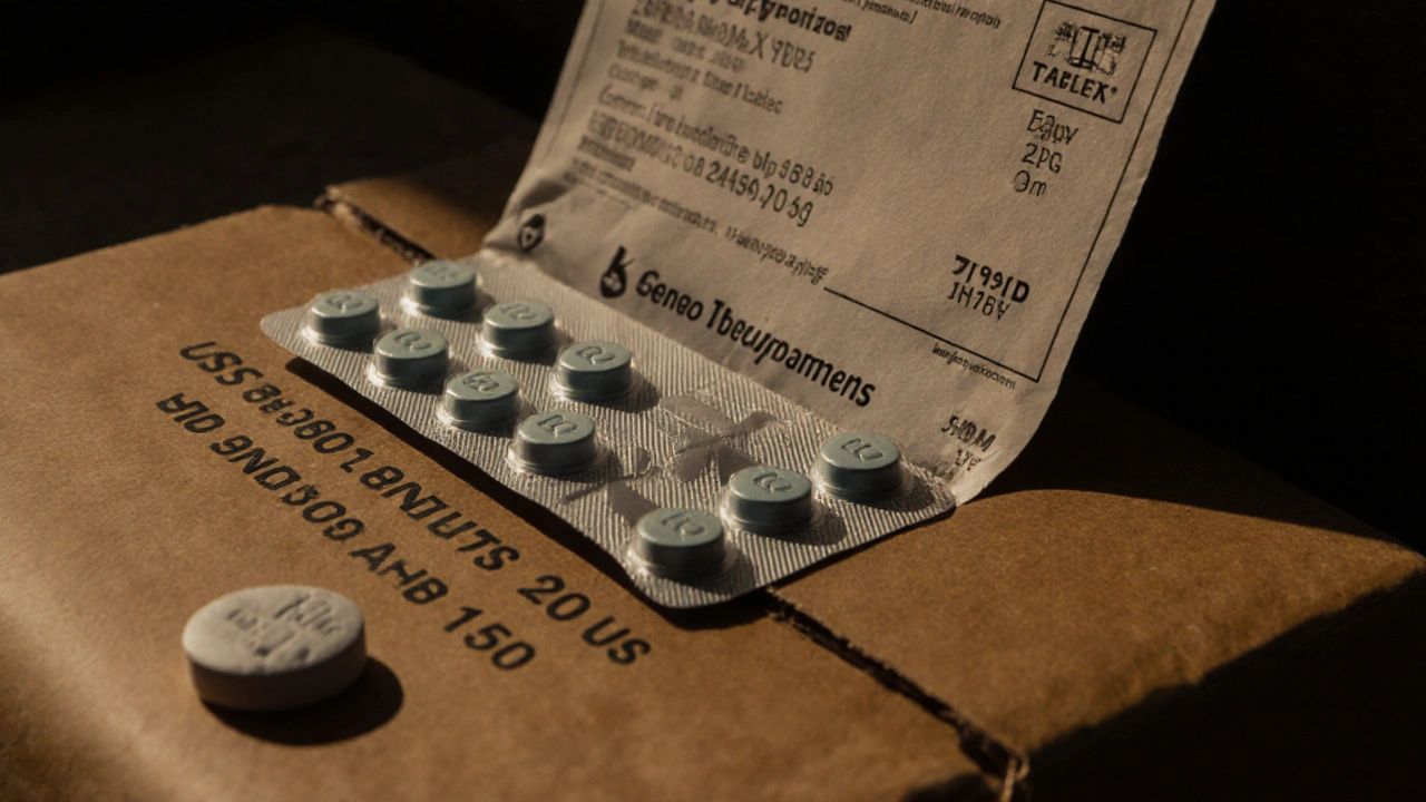 Close‑up of delivered medication package showing genuine tablets and a counterfeit pill.