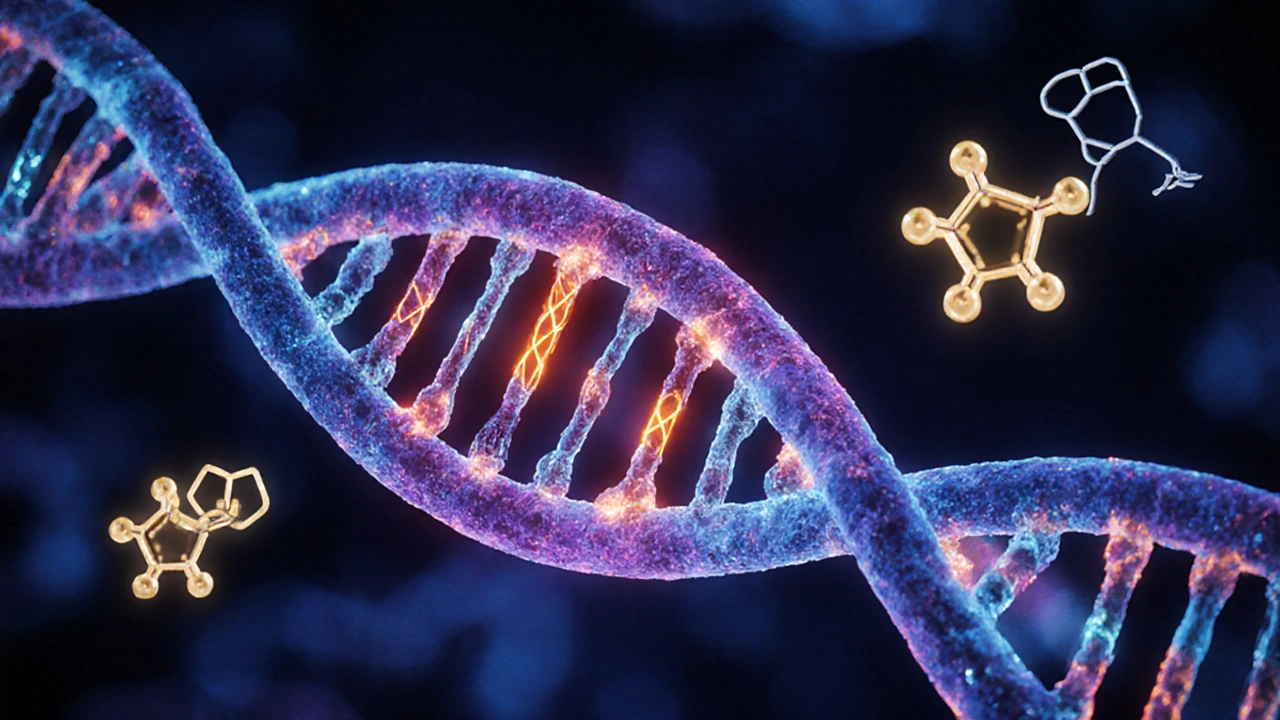 Close‑up of DNA strands showing colored cross‑links for melphalan, cyclophosphamide, and busulfan.