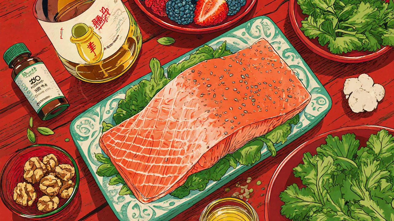 Colorful spread of salmon, walnuts, berries, greens, olive oil, and supplement bottles on a table.