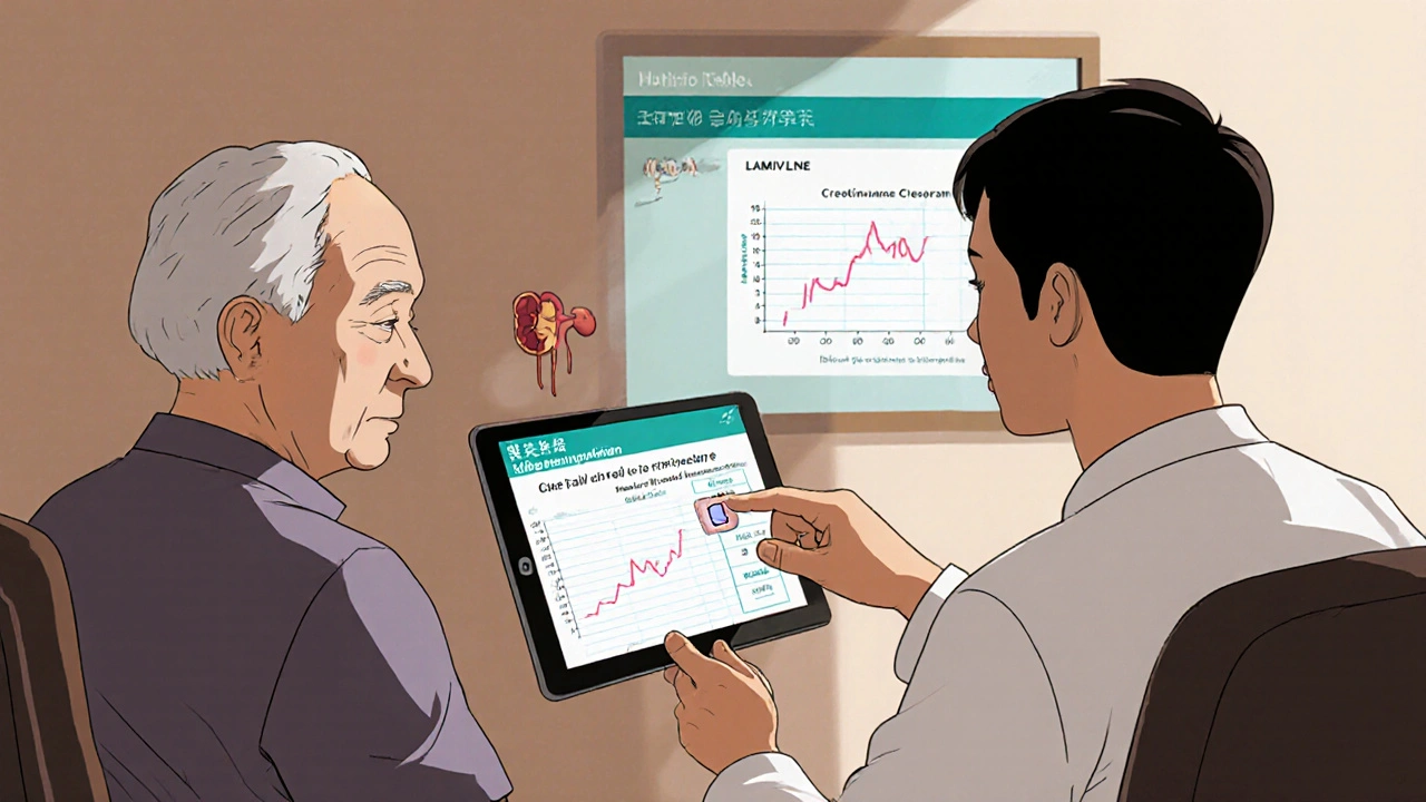 Doctor adjusts lamivudine dose for elderly patient with reduced kidney function.