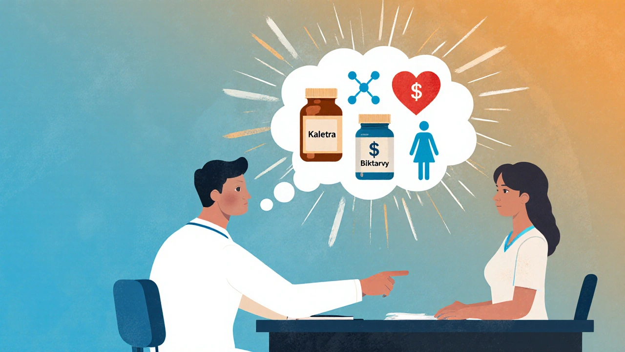 Doctor and patient discussing options with floating medication icons.