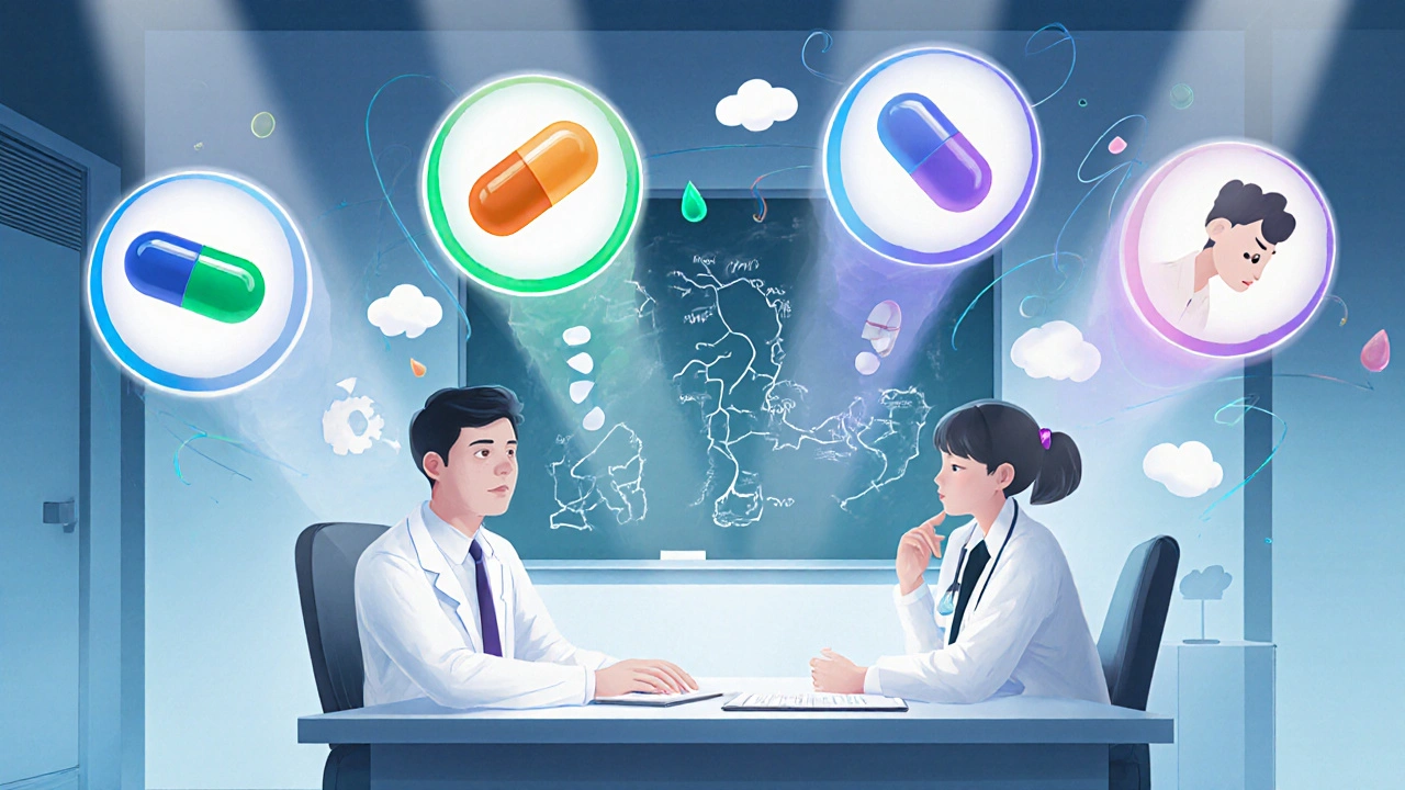 Doctor and patient viewing floating drug icons with side‑effect symbols in a manhua‑styled office.
