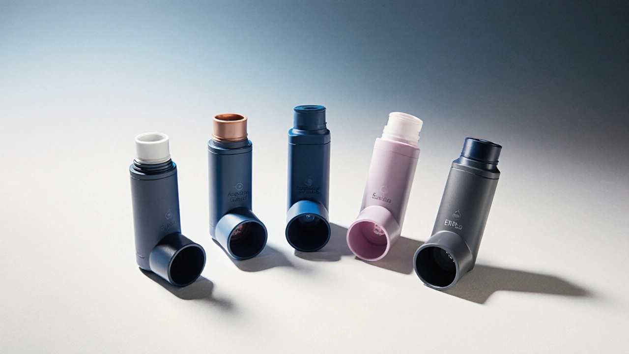 Five different inhaler devices displayed on a white surface for comparison.