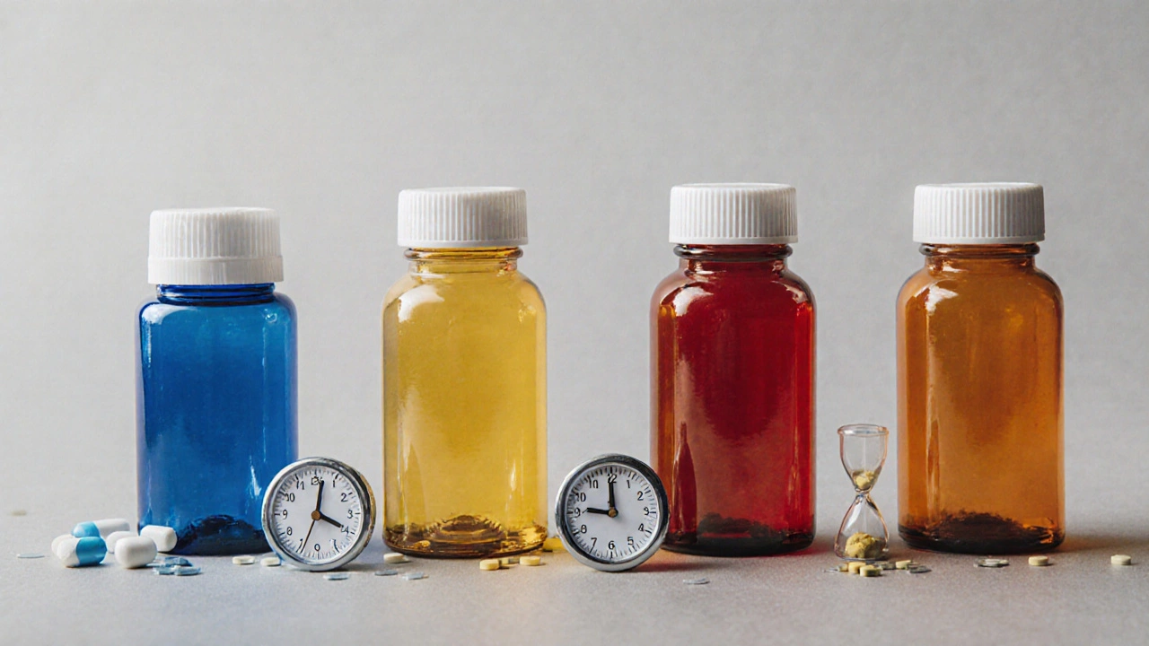 Four ED medication bottles with colored pills and small clock symbols on a gray table.