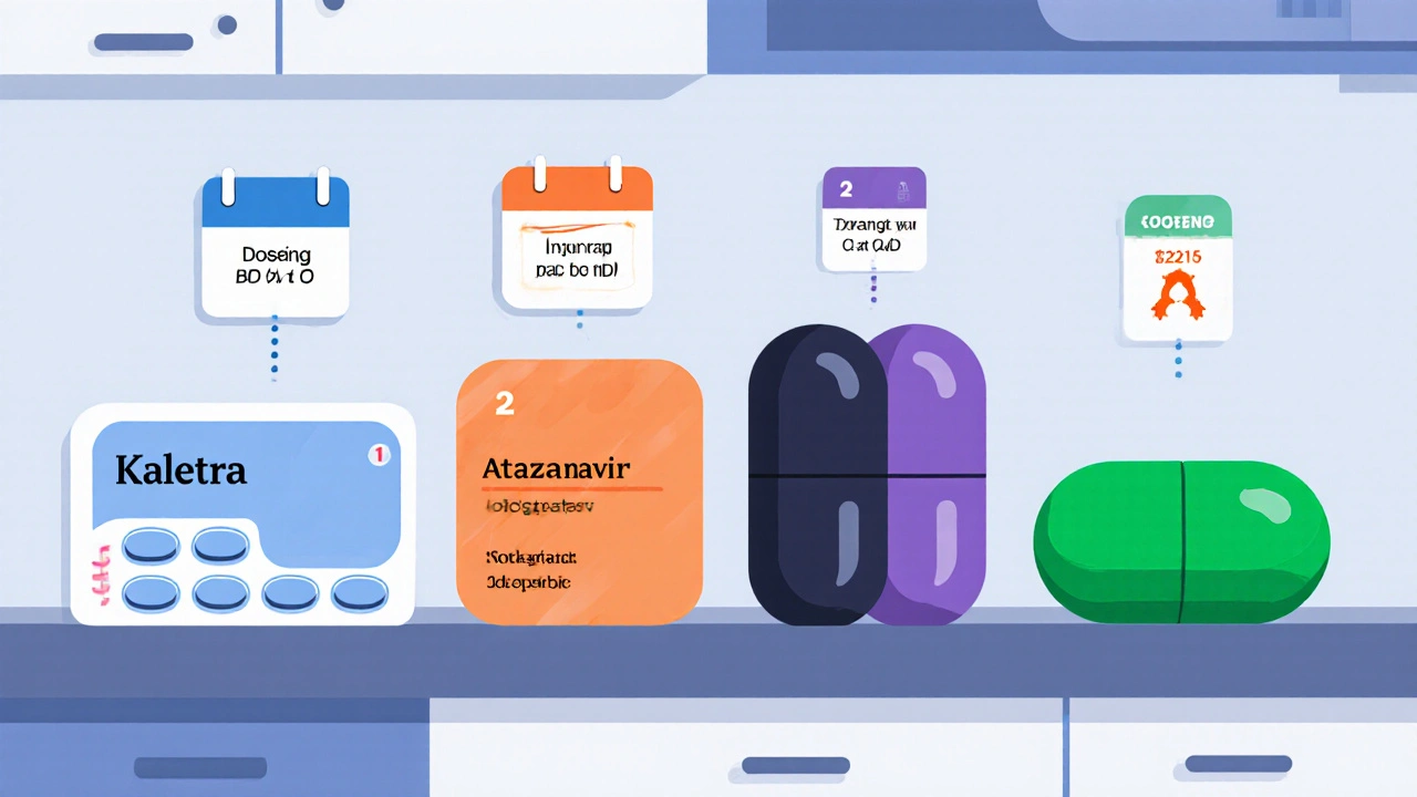 Four medication sets on a counter with icons for dosing and price.
