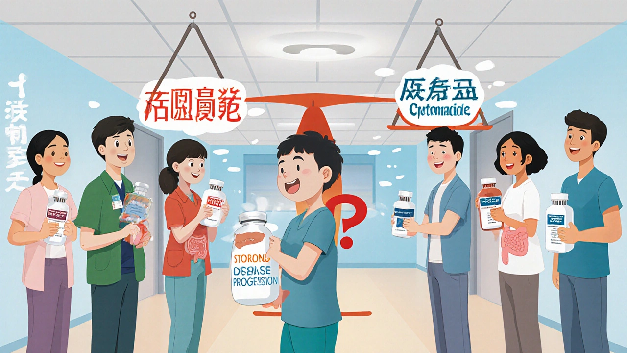 IBD patients in a clinic hallway holding different medications, with a symbolic scale showing relief vs. disease progression.