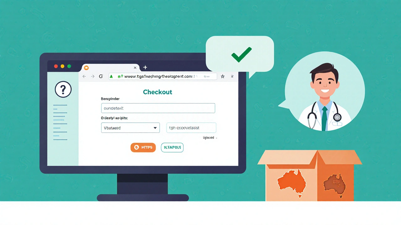 Illustration of a secure online pharmacy screen, doctor video chat, and Australian‑branded shipping box.