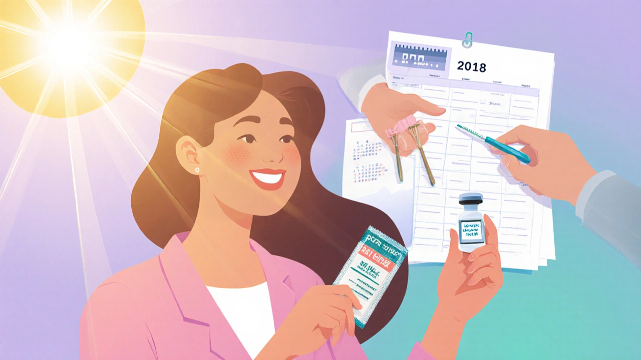 Illustration of a woman with condom, vaccine vial, and Pap smear tools.
