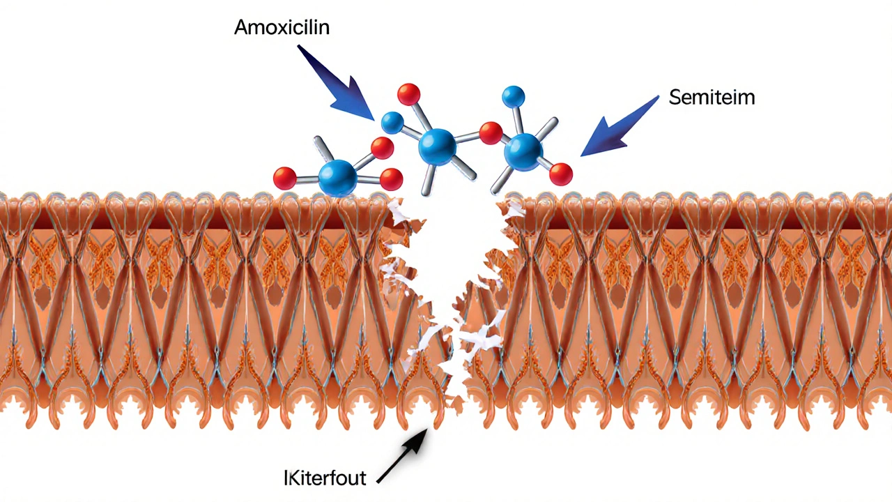 Illustration of amoxicillin breaking a bacterial cell wall.