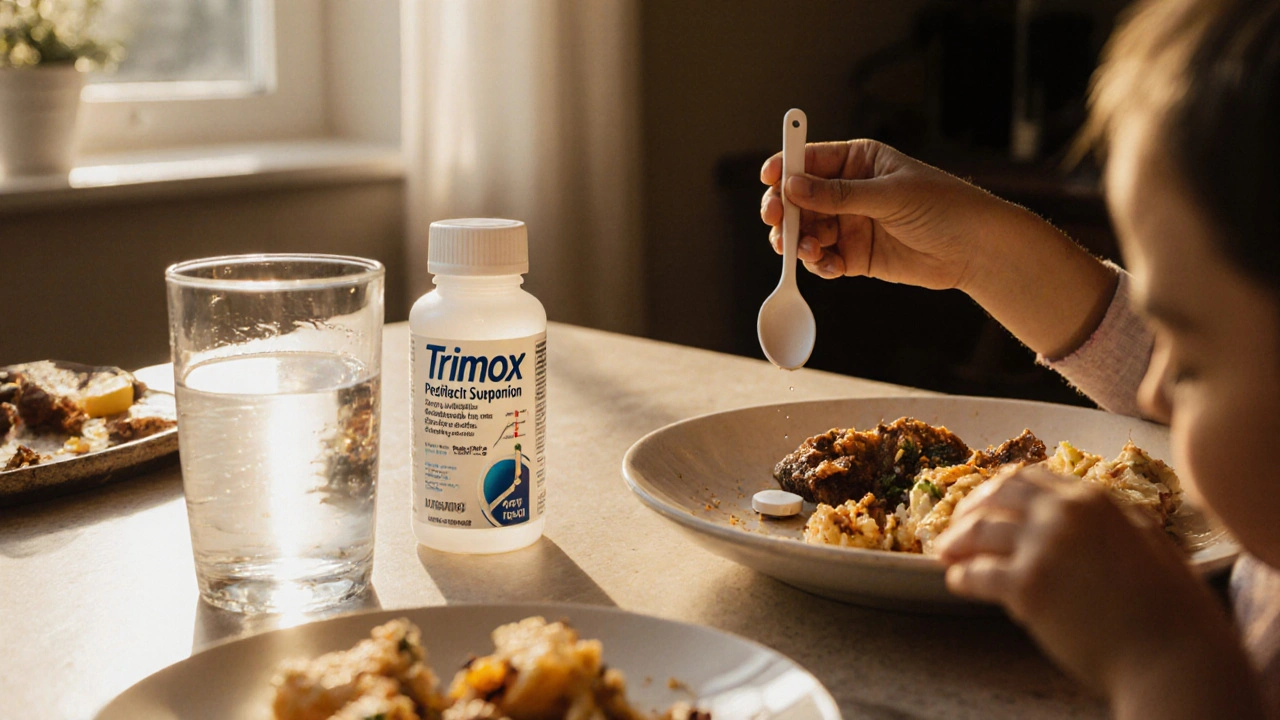 Kitchen table with water glass, Trimox bottle, and pediatric suspension.