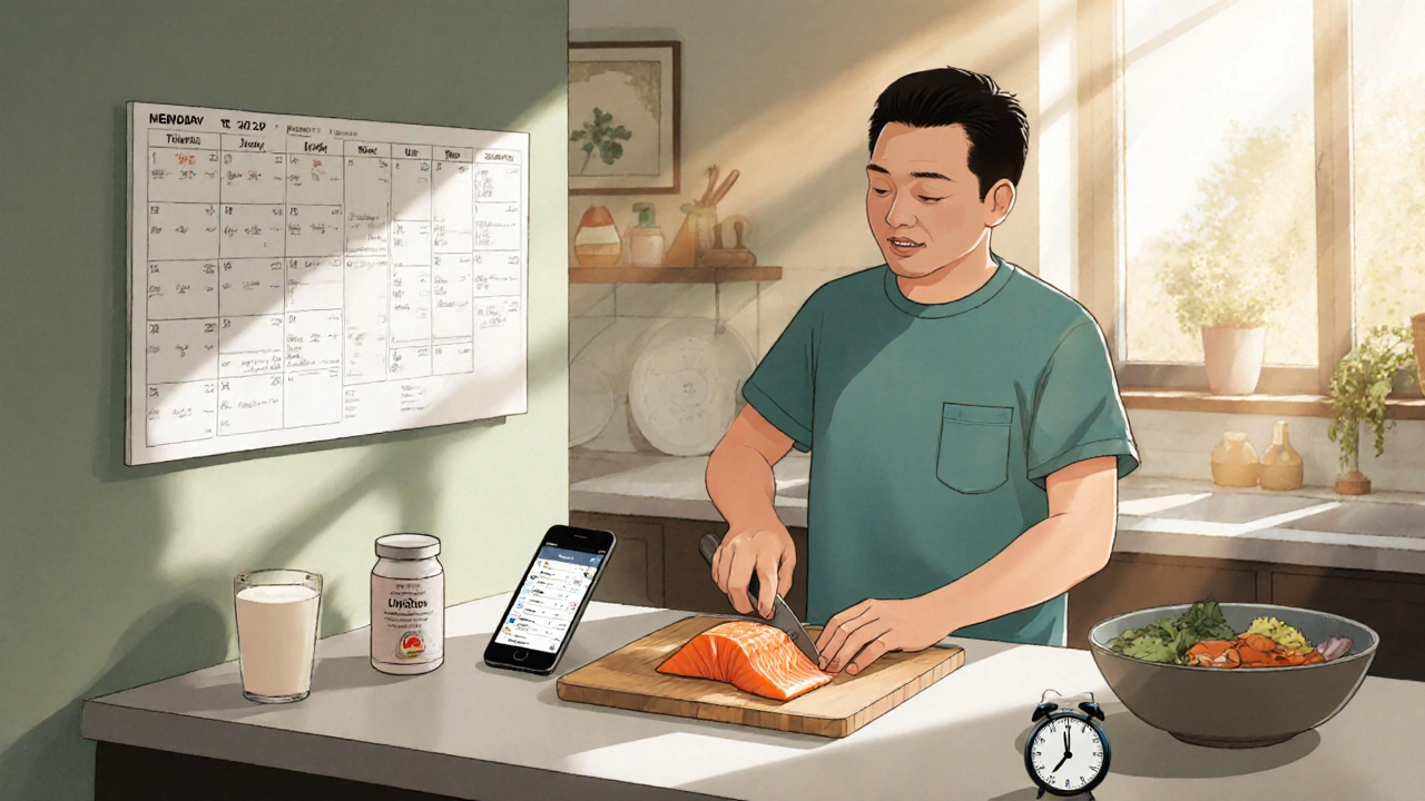 Man cooking salmon while checking a weekly planner and phone app, with levodopa bottle and sunlight.