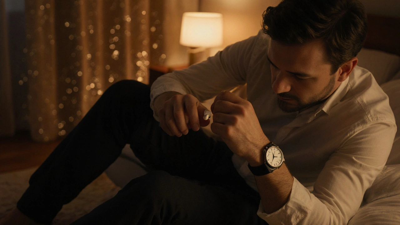 Man holding a Levitra tablet, looking at his wristwatch in a softly lit bedroom.