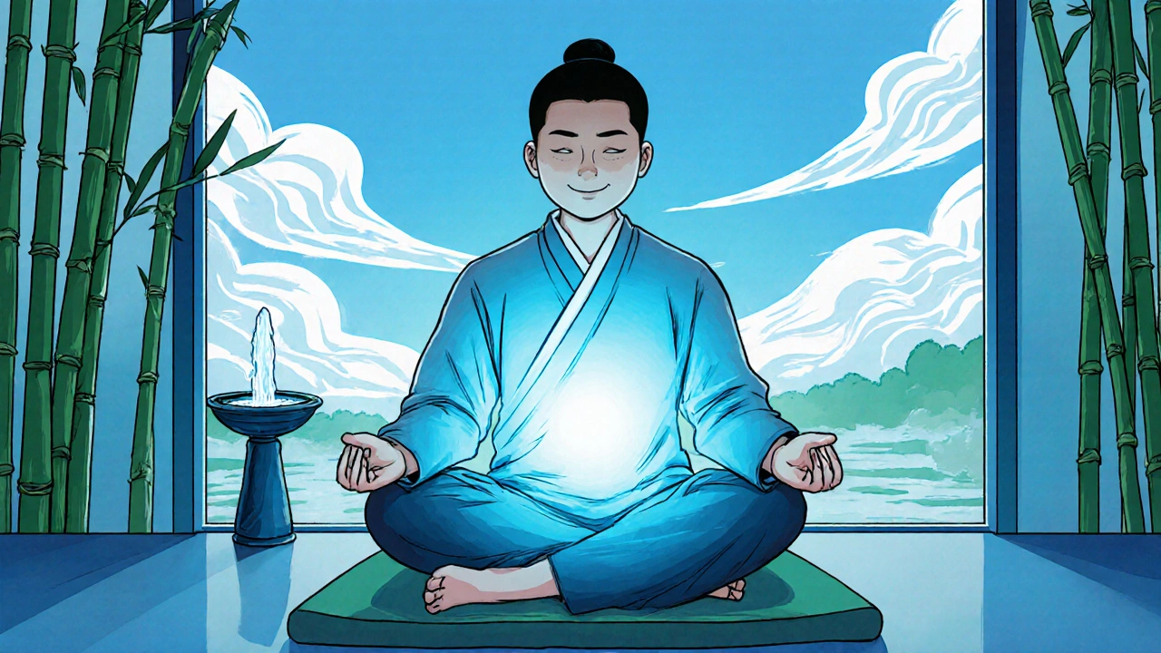 Man meditating with gentle aura surrounding his lower abdomen, showing calm focus.