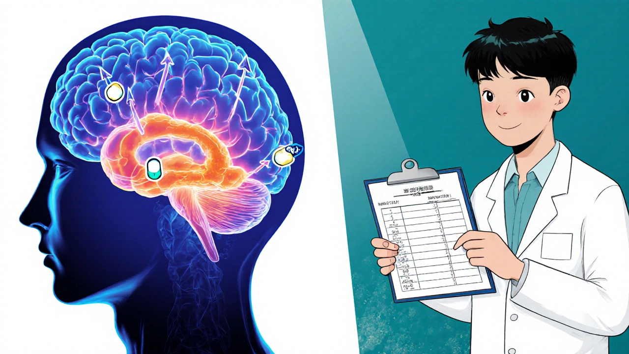 Manhua panel with brain highlighting norepinephrine flow and doctor giving a prescription.