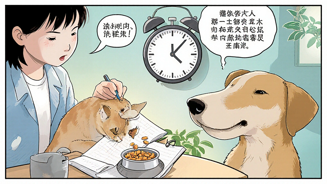 Owner mixing crushed tablet into pet food, writing notes, with thought bubble of side effects.