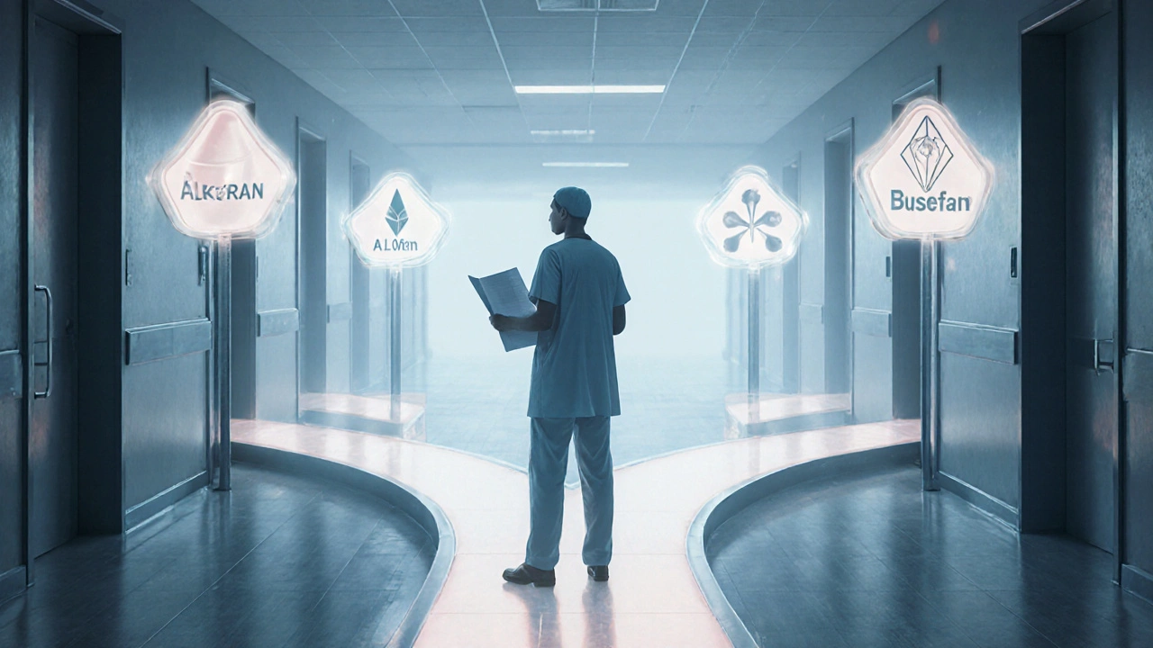 Patient at a hospital crossroads with glowing signs representing different chemotherapy drugs.