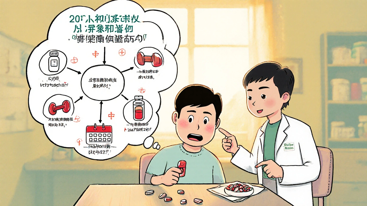 Patient compares single Combipres pill with multiple drugs, with thought bubble of pros and cons.