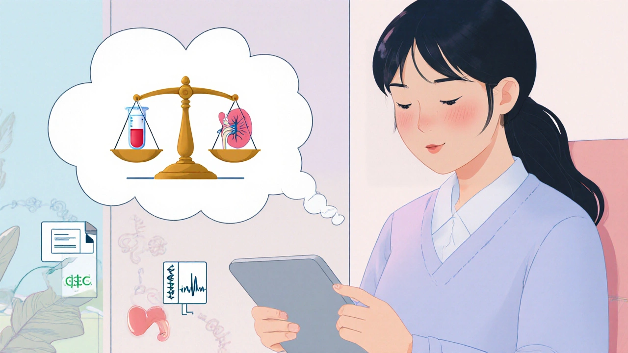 Patient contemplates medication choice with cost and health icons.