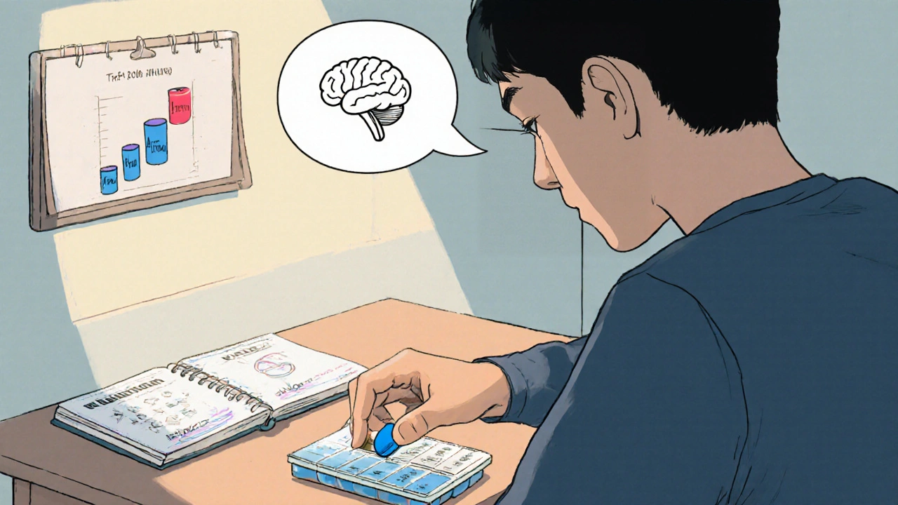 Patient organizing an Artane pill with a calendar showing a taper schedule in manhua style.