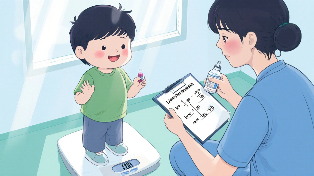 Pediatrician calculates weight‑based lamivudine dose for a child on a scale.