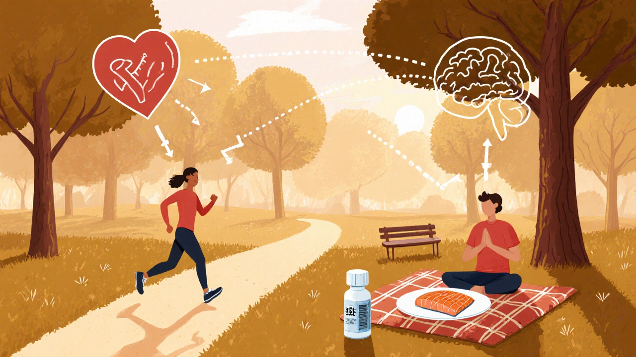 Person exercising, eating fish, doing yoga, with tiny ibuprofen bottle nearby.