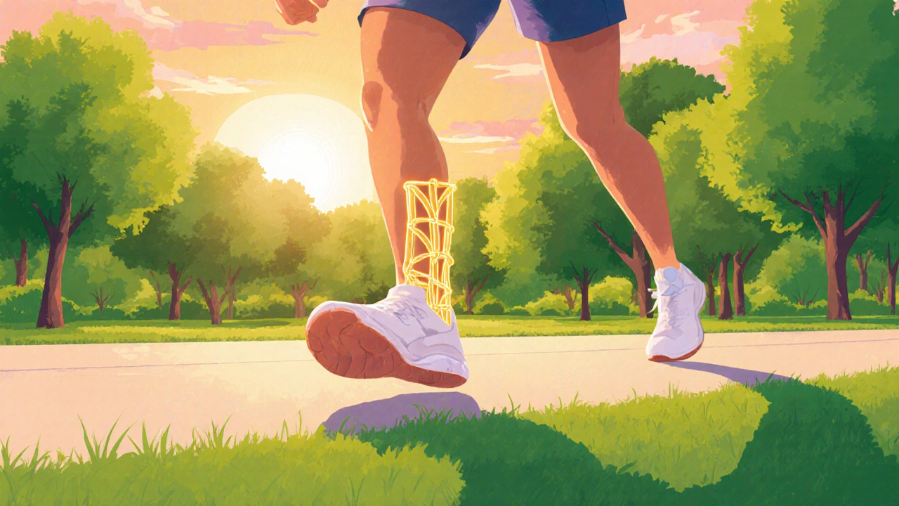 Person jogging confidently, ankle highlighted to show healed ligament.