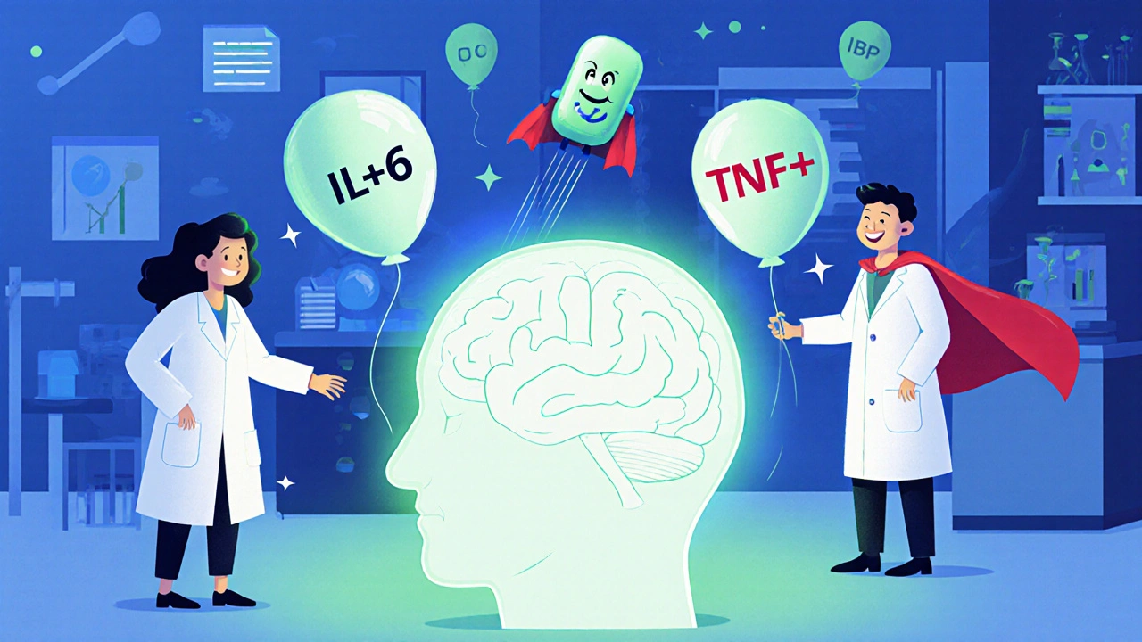 Scientists with brain model, cytokine balloons, ibuprofen tablet lowering them.