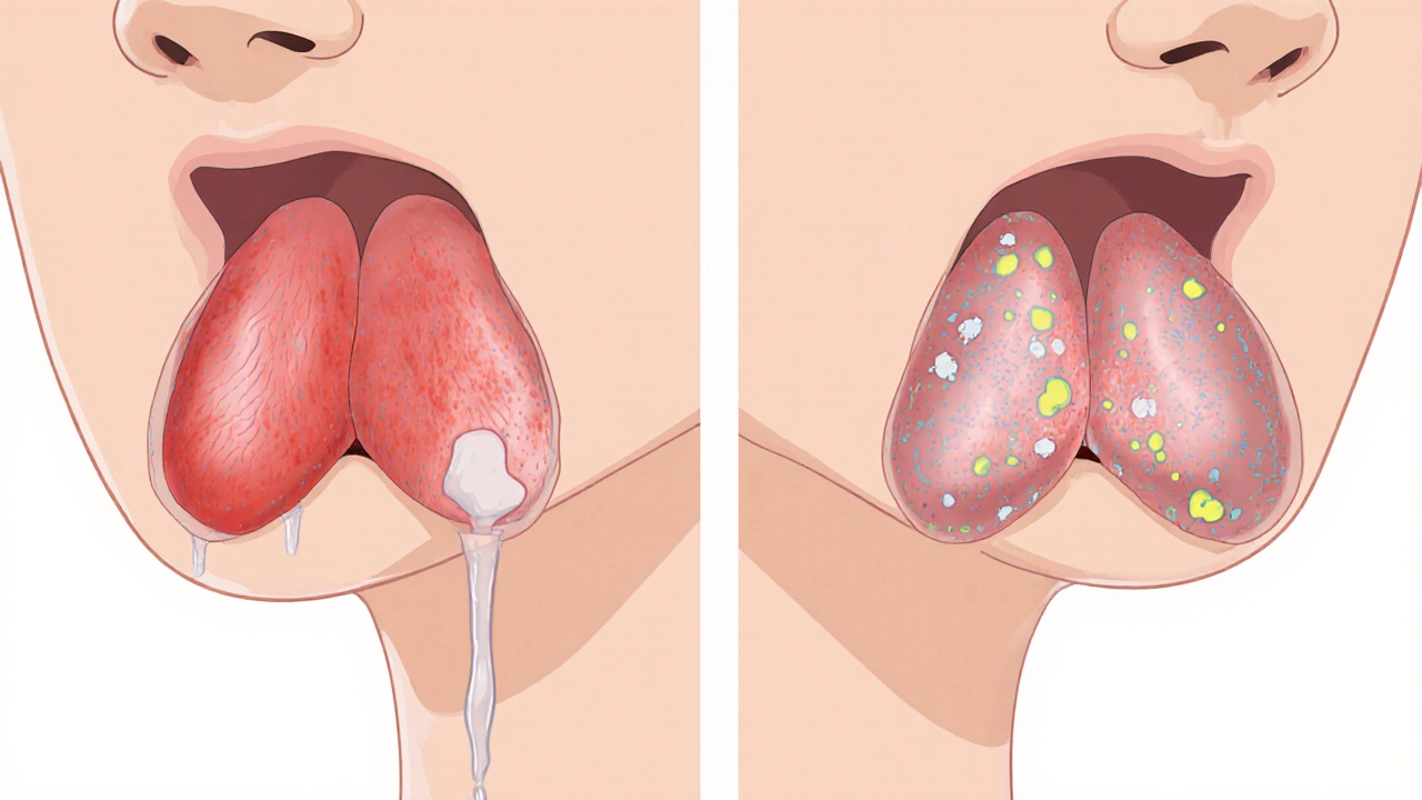 Split view of a throat showing red inflamed tonsils versus white‑spotted bacterial tonsils.