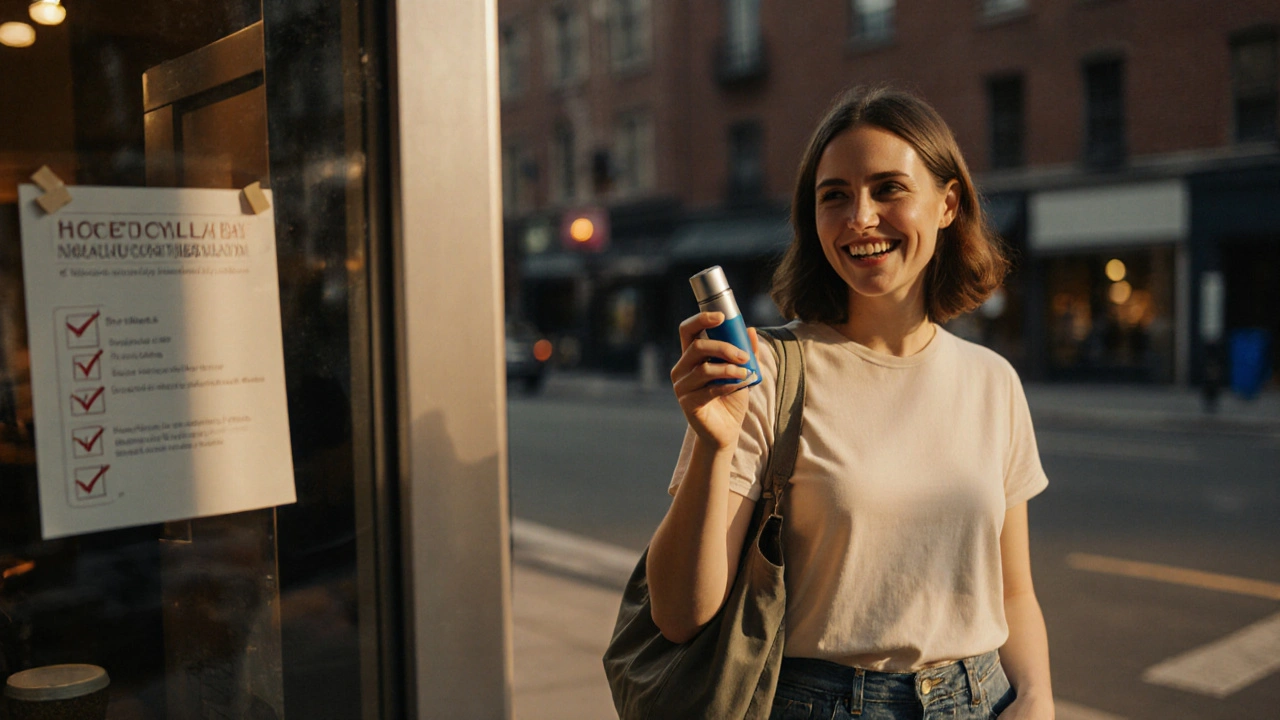 Teacher pulls a compact inhaler from her bag on a sunny city street.