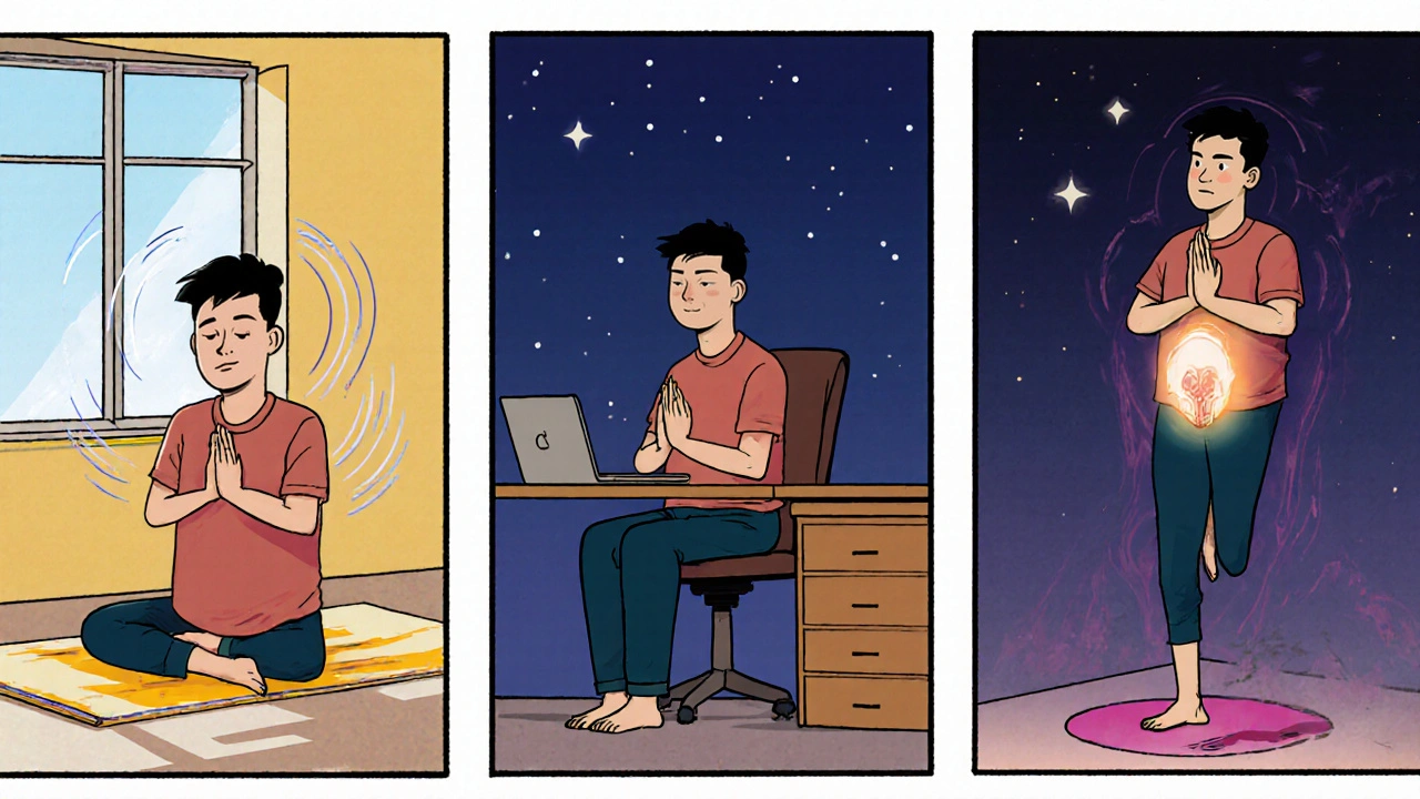 Threeâpanel comic of a man doing morning catâcow flow, lunchtime seated stretch, and evening yoga sequence.