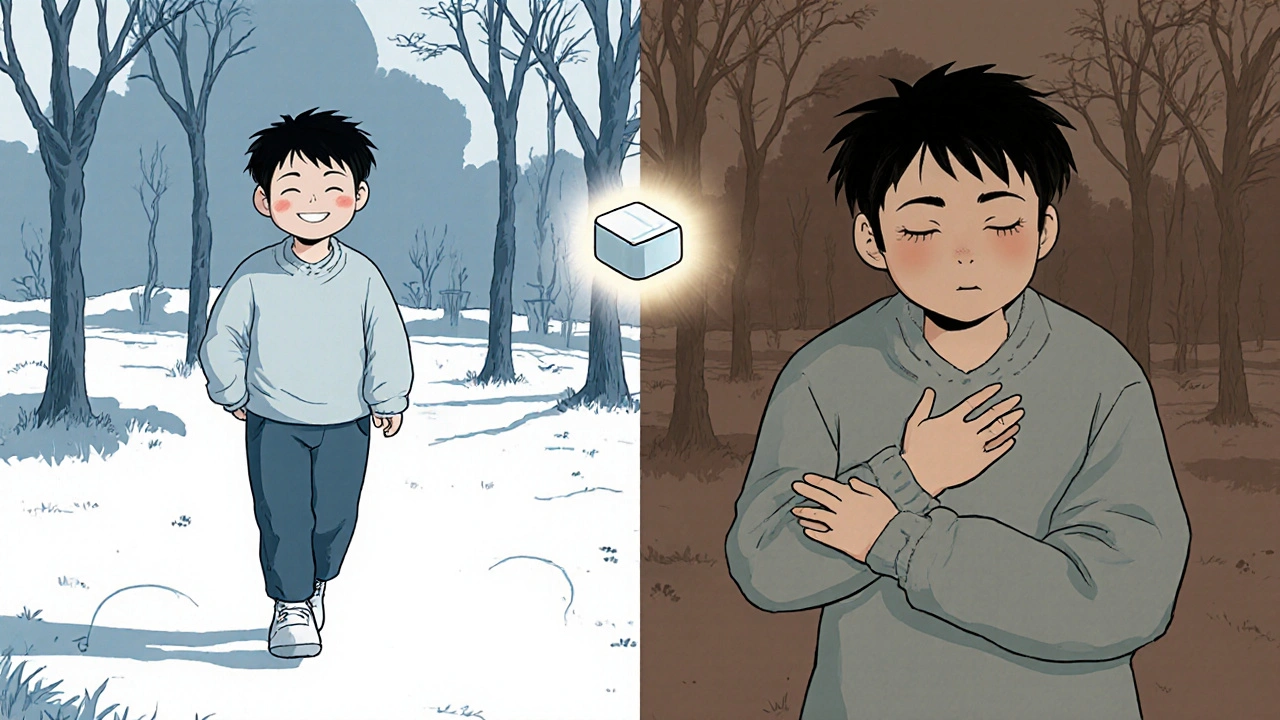 Two panels showing a person transforming from tired and unwell to calm and walking in a park, connected by a glowing pill.
