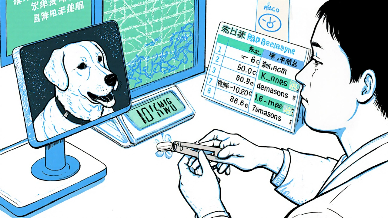 Vet splitting a tablet and calculating dosage for a 20 kg Labrador.