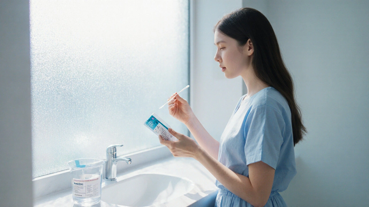 Woman using an at‑home STI testing kit in a bright bathroom.