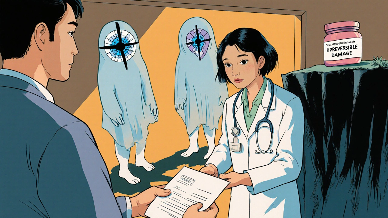 A doctor gives a prescription while ghostly figures of vision loss and heart risk appear behind the patient.