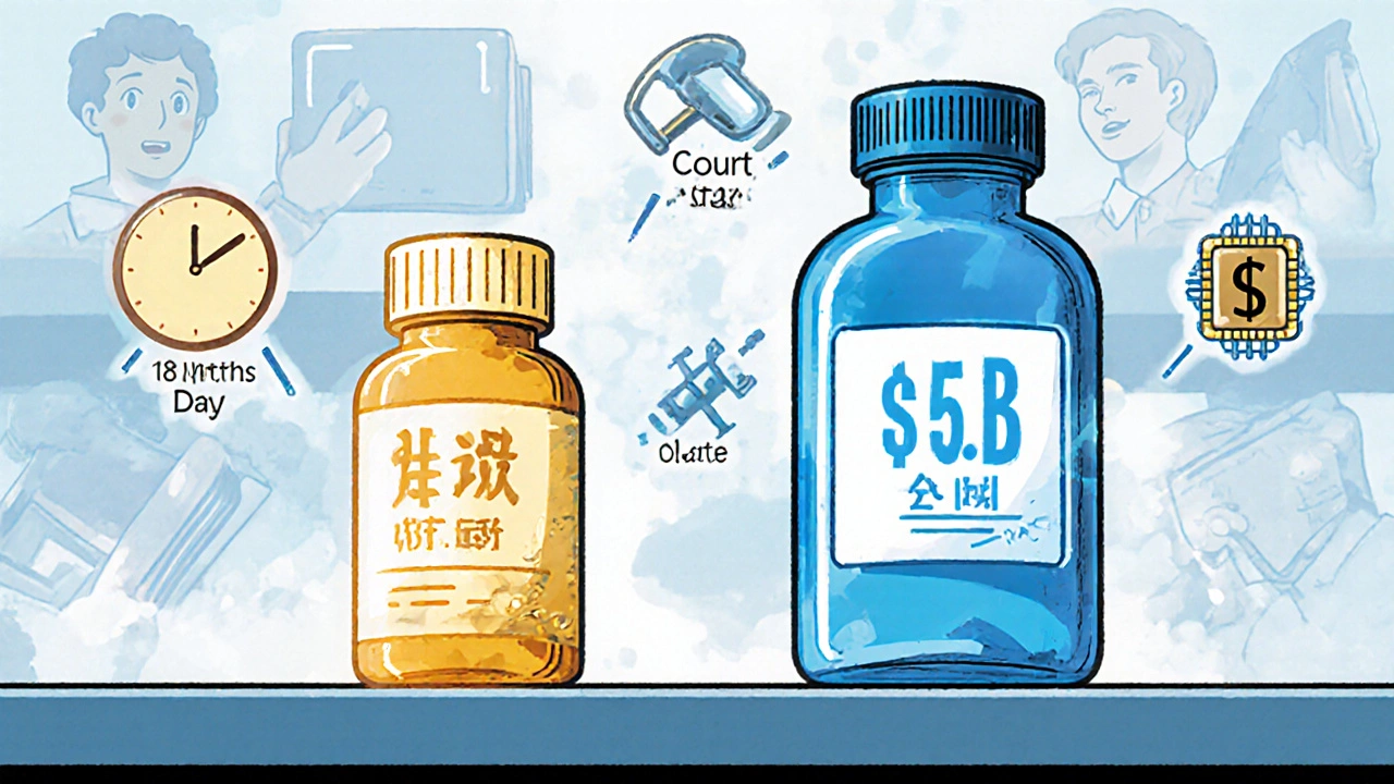 A lonely generic pill sits beside a tall brand-name bottle, surrounded by icons of delays and lost savings.