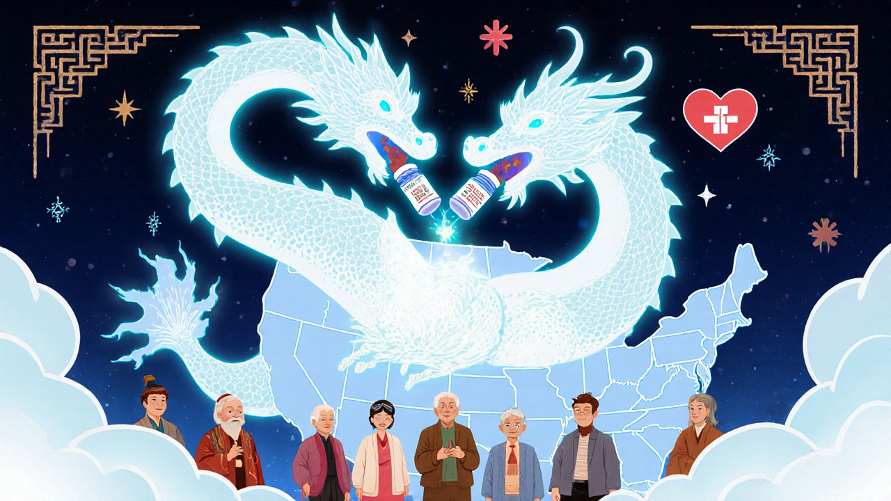 A luminous dragon-shaped vaccine symbol protecting diverse adults across a map of the United States.