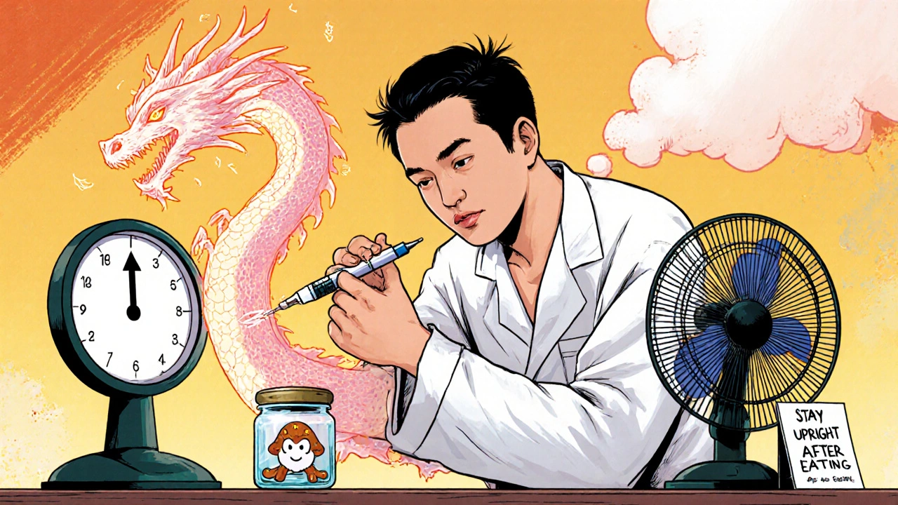 A man injecting a diabetes drug as a glucose dragon rises, symbolizing weight loss.