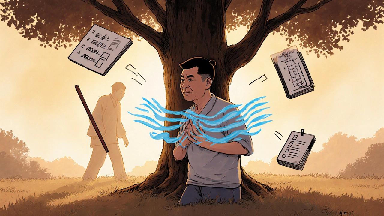 A man practices controlled breathing outdoors, with progress symbols floating around him in Chinese manhua style.