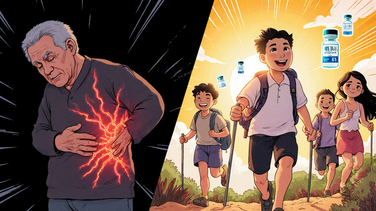 A man suffering from shingles pain on one side, healed and active on the other after vaccination.