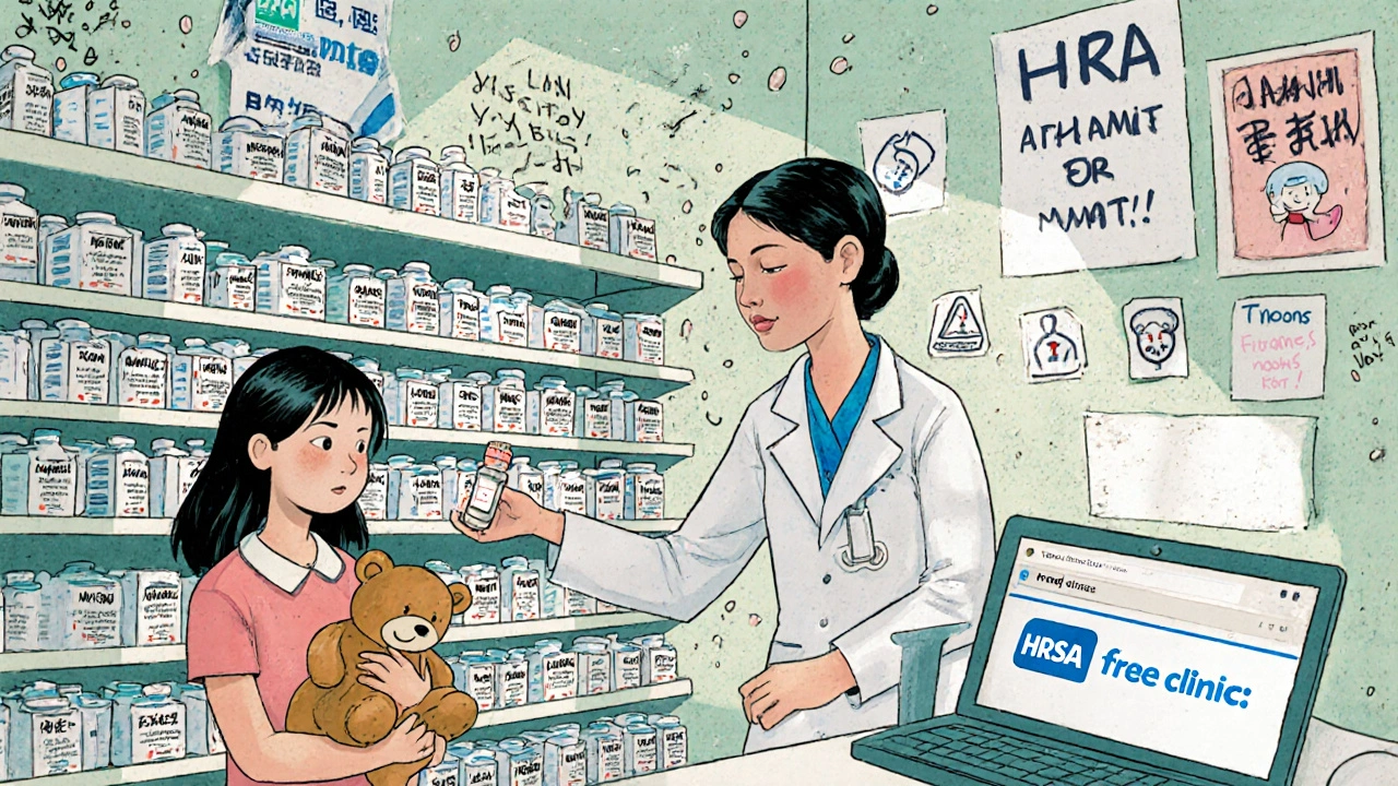 A nurse hands insulin to a mother in a free clinic pharmacy, shelves filled with generic medicines and sunlight streaming in.