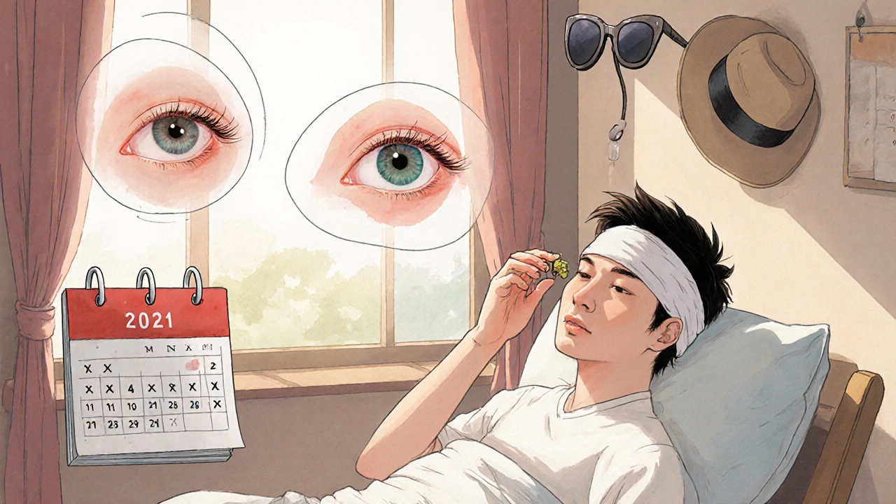 A patient applying eye drops after pterygium surgery, with sunglasses hanging nearby.