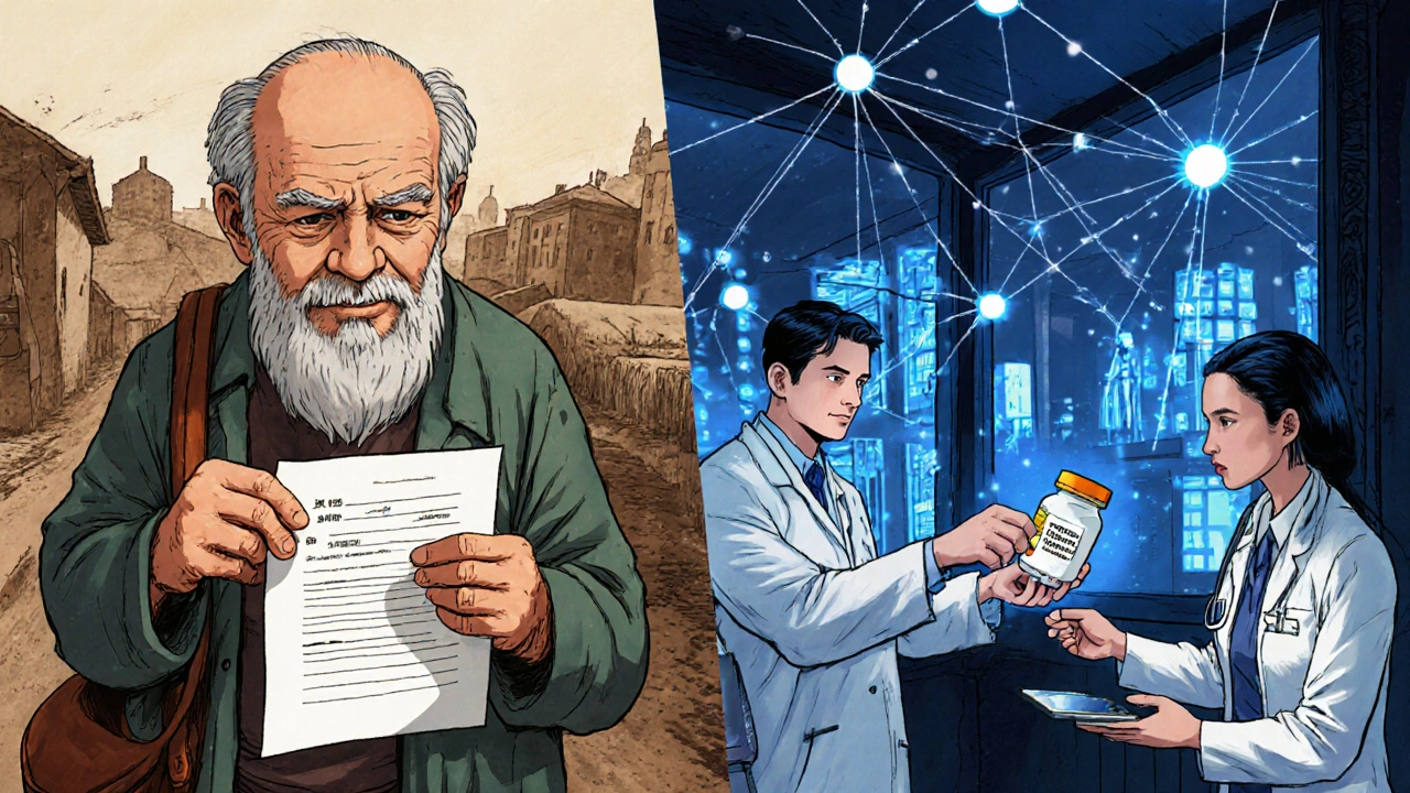 A patient in rural Romania struggles with paper prescriptions, while the same person easily gets medicine via digital system in Vienna.