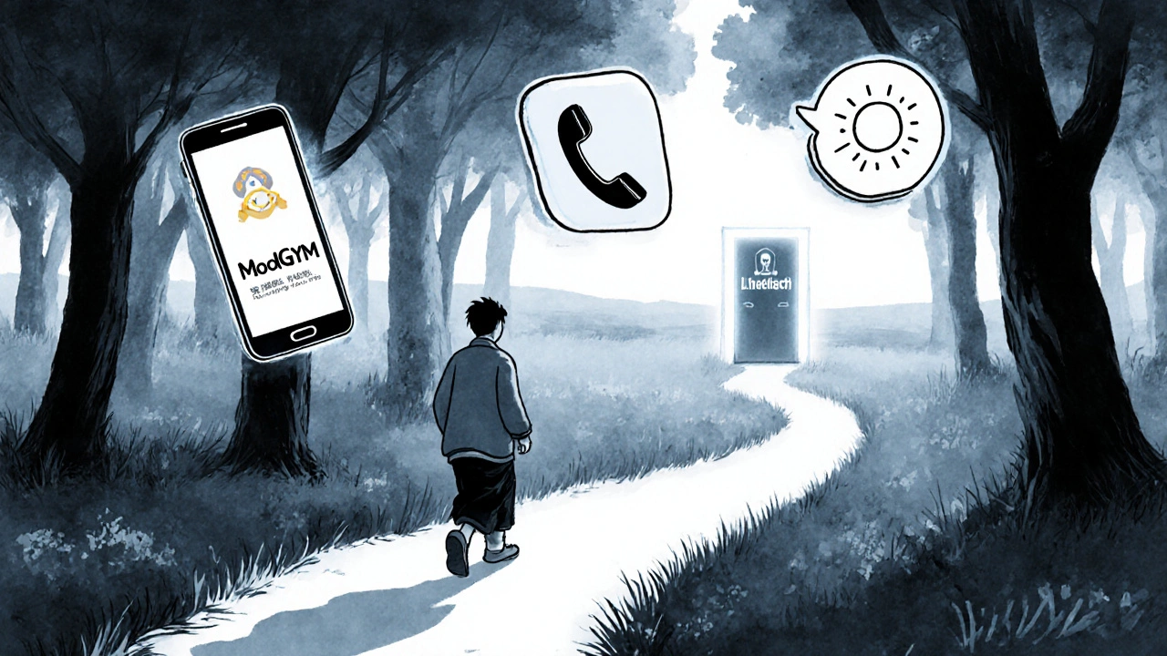 A person walks a misty path toward recovery, with digital therapy symbols floating above them.