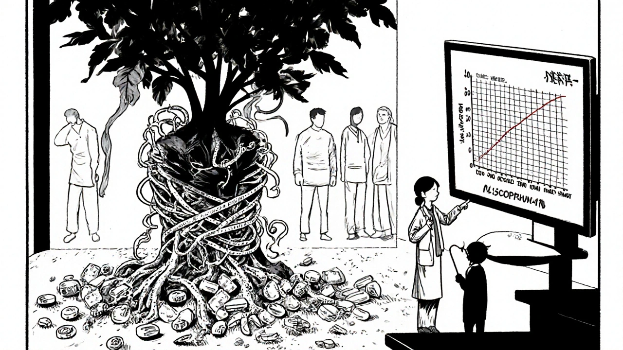 A transplant patient being strangled by a plant with DNA roots, as vital drugs crumble to dust around them.