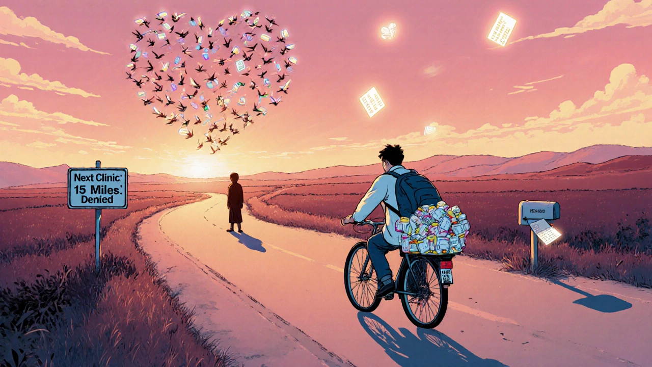 A volunteer doctor bikes across a rural road with medicine, symbolizing hope for those far from healthcare access.